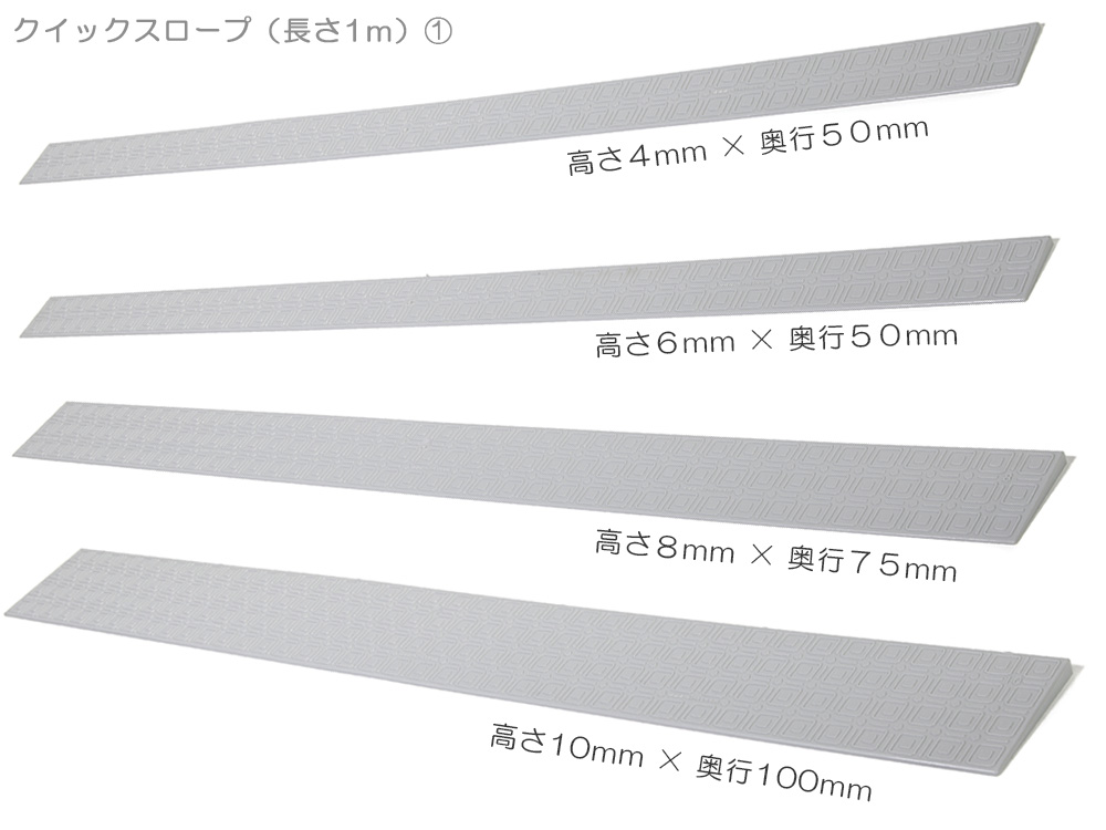 高さ４mm，６mm，８mm，１０mm，１２mm，１４mm，１６mm，１８mmの８種類の段差スロープ